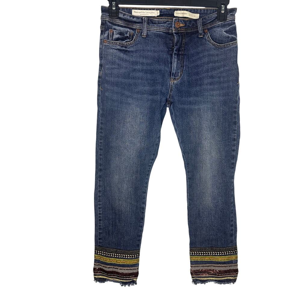 Pilcro and the Letterpress Straight Leg Jeans with Multicolor Embroidered Hem
